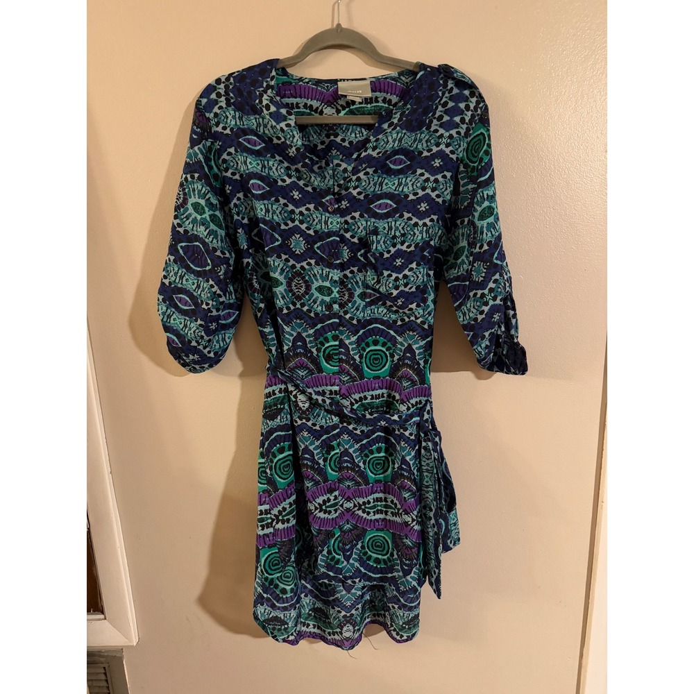 Maeve Anthropologie Blue Purple Ikat Geometric Roll Tab Sleeve Shirt Dress M